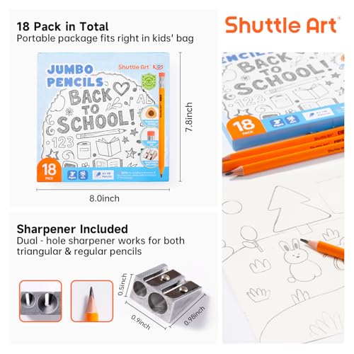 Shuttle Art Jumbo Pencils - 18 Pack Triangle Pre sharpened Pencils #2 HB with Top Erasers & Sharpener, for kids Ages 4-8, Kindergarten School Supplies, Ideal for Home, Classroom - size: 7.6 Inch