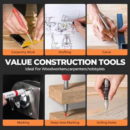 Nicpro 38Pcs Carpenter Pencil with Sharpener, Carpenter Tool in Canvas Case | 102 Refill,Carpenter Pencil Set with 6 Deep Hole Long Nib Marker Pen, Scribe Tool, Construction Pencils for Architect Marking - size: 38 Pack