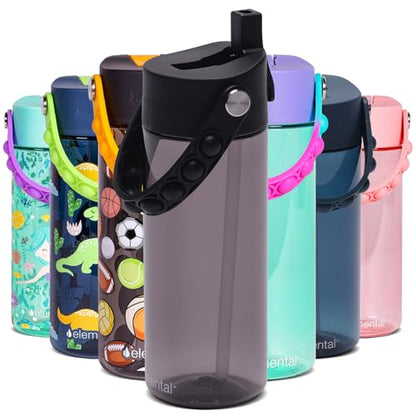Elemental Water Bottles for Kids - Splash Kids Water Bottle for School with Pop-it Handle - BPA Free Tritan Plastic Water Bottle with Straw Leak Proof when Spout is Closed - Black - 18oz - color: Black
