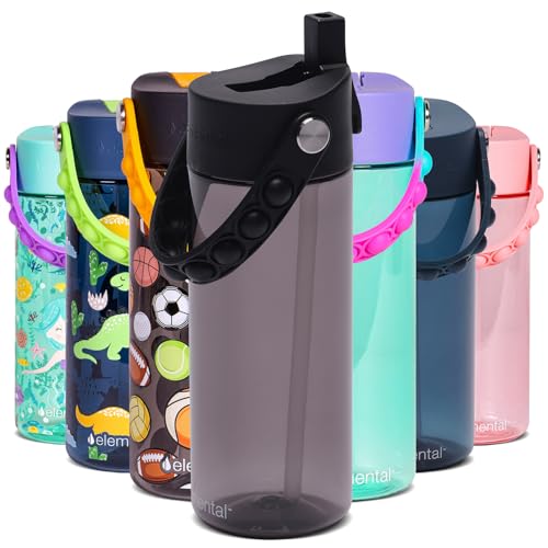 Elemental Water Bottles for Kids - Splash Kids Water Bottle for School with Pop-it Handle - BPA Free Tritan Plastic Water Bottle with Straw Leak Proof when Spout is Closed - Black - 18oz - color: Black