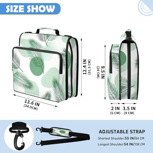 Boho Palm Leaves Zipper Binder with 2 Inch D-Rings Expandable File Portfolio with Shoulder Strap, Waterproof Nylon Organizer for 14" Laptop for Work College Travel
