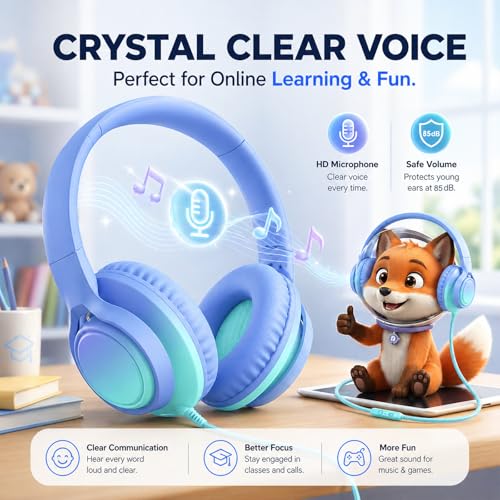 Kids Wired Over-Ear Headphones with Microphone, 3.5mm Jack with USB-C Adapter, Comfortable Headset for Online Learning, School, Tablet, Phone – Gradient Blue & Teal - color: Sky Blue