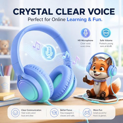 Kids Wired Over-Ear Headphones with Microphone, 3.5mm Jack with USB-C Adapter, Comfortable Headset for Online Learning, School, Tablet, Phone – Gradient Blue & Teal - color: Sky Blue