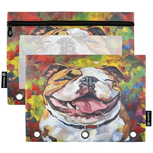 Studying 2 Pack Laughing British Bulldog Colors Painting 3 Ring Binder Pencil Pouch Bags,Clear Window Zipper Storage Case for Boys Girls School Office Supplies Cosmetics Organizers - color: Multi-french Bulldog