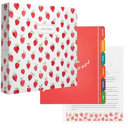 Jot & Mark 8.5"" x 11"" 3 Ring Recipe Binder with Spill-Proof Clear Binder | 50 Recipe Cards + 25 Sleeve Protectors + 5 Full-Page Sleeves + 6 Divider Tabs | 8.5x11 3-Ring - color: Strawberry Wilds, size: 8.5" x 11"