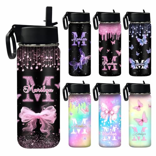MyPupSocks Personalized Water Bottle for Kids Adults, Custom Name Girls Water Bottles with Straw & Lid, Customized Kids Insulated Stainless Steel Sports Water Bottle for School - color: Color 8
