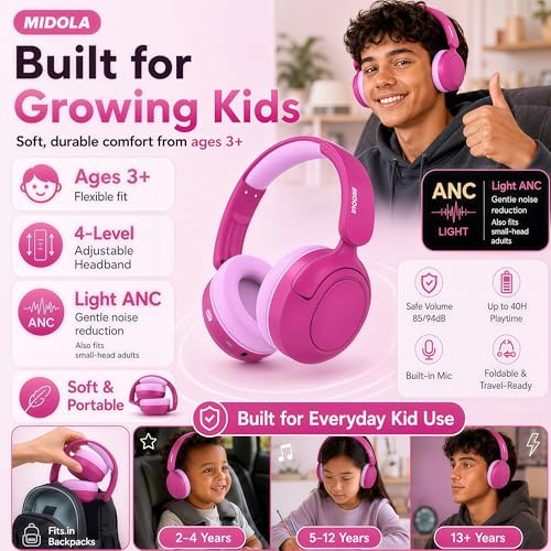 MIDOLA Kids Bluetooth Headphones Active Noise Cancelling Lightweight Wireless Headphone for Kid Volume Limited 85/94dB Foldable Over-Ear Headset with Mic,68 Hours Playtime,for Toddler Child Rose Pink - color: Rose Pink