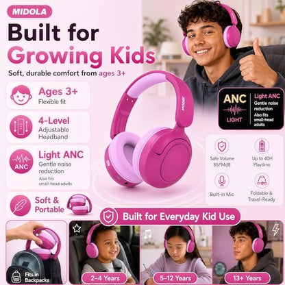 MIDOLA Kids Bluetooth Headphones Active Noise Cancelling Lightweight Wireless Headphone for Kid Volume Limited 85/94dB Foldable Over-Ear Headset with Mic,68 Hours Playtime,for Toddler Child Rose Pink - color: Rose Pink
