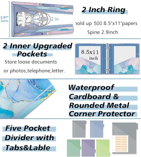 2 Inch 3 Ring Binder Organizer with Clipboard, 5-Tabs Pockets Dividers, Plastic Folder, 18 Divider Stikers, KLLVE Three Ring Binder with Pen Loop (Blue Marble, Letter Size) - color: Blue Marble, size: 2in（Letter Size）