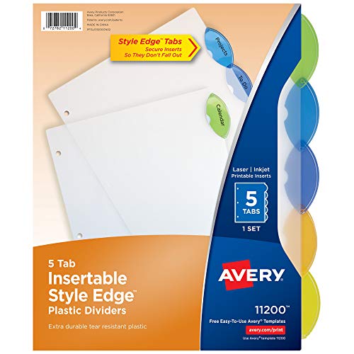 Avery Insertable Style Edge Plastic Dividers for 3 Ring Binders, 5-Tab Set, Multicolor, 1 Set (11200)