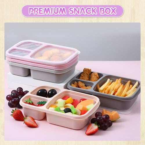Honeydak 5 Pack Snack Containers 3 Compartment Bento Snack Boxes Divided Meal Prep Containers with Lids Reusable Adults Lunch Food Storage Box for School Work Travel(Creamy Pink Gray) - color: Creamy Pink Gray