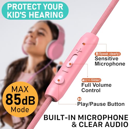 FosPower Kids Headphones with 3.5mm Laced Cables, Children & Teens Over The Ear Foldable Adjustable Headset w/Built-in Mic for Smartphones/PC/Tablet/Laptop/School (Max Volume 85dB) – Pink/White - color: 08 - Pink/White