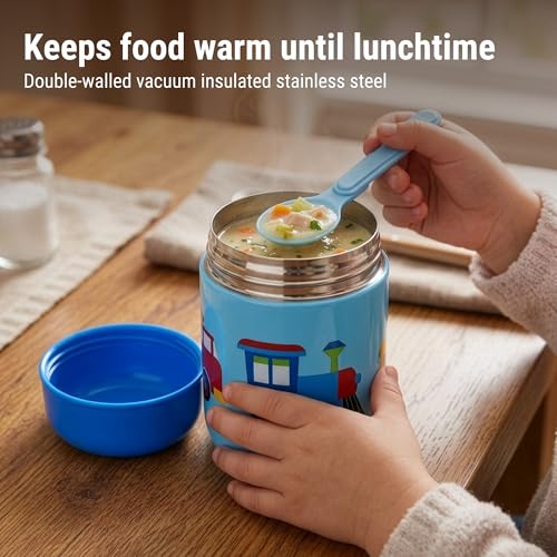 Wildkin Kids 10 oz Insulated Food Jar, Trains, Planes & Trucks | Wide-mouth 10 oz jar keeps food hot up to 5 hrs and cold up to 7 hrs · includes two folding spoons · stainless steel interior - color: Trains, Planes & Trucks
