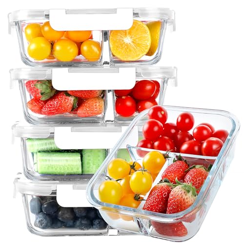 KOMUEE Glass Meal Prep Containers 3 Compartments, 5 Pack 36 oz, Glass Food Storage Containers with Lids, Airtight Lunch Bento Box, Portion Control, Freezer and Microwave Safe, White - color: White