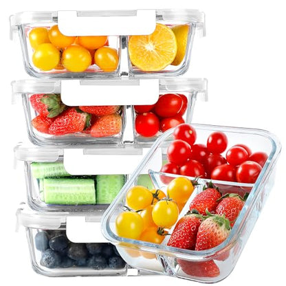 KOMUEE Glass Meal Prep Containers 3 Compartments, 5 Pack 36 oz, Glass Food Storage Containers with Lids, Airtight Lunch Bento Box, Portion Control, Freezer and Microwave Safe, White - color: White