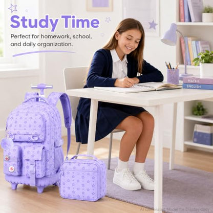 WZLVO 3PCS Rolling Bookbag, Water Resistance Girls Wheeled Backpack, Women Aesthetic Roller School Bag Set with Lunch Box & Pencil Bag for Teens & Kids - Purple Star - color: 3pcs Girls Rolling Backpack - Purple Star