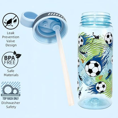 18oz Large Capacity Kids Water Bottle, Sturdy and Drop-resistant | Leak Proof, BPA Free, with Straw & Handle for School Travel, Dishwasher Safe - color: Football