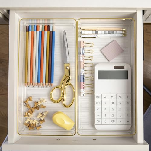 Martha Stewart Kerry Plastic Stackable Office Desk Drawer Organizers, 12" x 6", 3 Pack, with Gold Trim - size: 12" x 6"