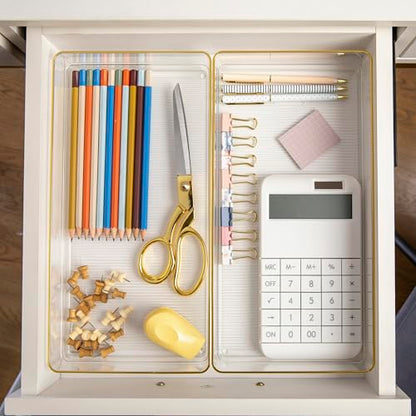 Martha Stewart Kerry Plastic Stackable Office Desk Drawer Organizers, 12" x 6", 3 Pack, with Gold Trim - size: 12" x 6"