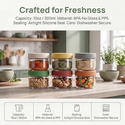EONJOE 10 oz Small Glass Containers with Lids, Food Storage Jars, 6pk | Perfect for Chia Pudding Jam Snacks Yogurt Overnight Oats Candy ,Dishwasher safe,Airtight - size: 10oz