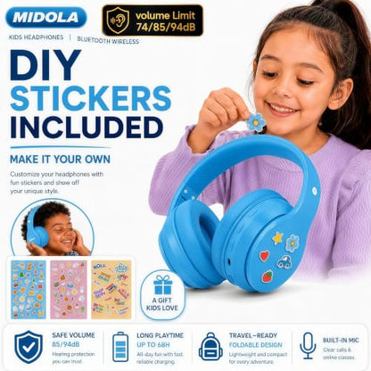 MIDOLA Kids Bluetooth Headphones 68H Play Time,Volume Limit 85/94dB, Foldable Lightweight Wireless Over-Ear Headphone for Kid Toddler Child Pad Tablet,Headsets with Built-in Mic Blue - color: Blue