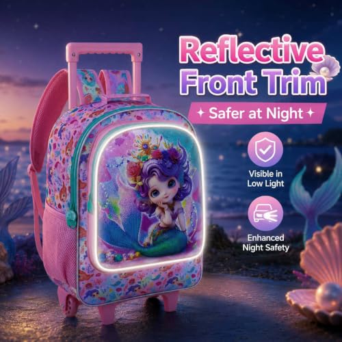 3Pcs Mermaid Rolling Backpack for Girls, Kids School Backpacks with Wheels, Roller Bookbag with Lunch Box for Elementary Preschool(Pink) - color: Mermaid Pink02
