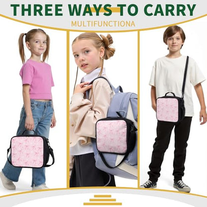 Pink Bow Lunch Box for Girls Kawaii Flowers Love Hearts Lunch Bag with Shoulder Strap for Kids Teens Durable Large Capacity Insulated Lunchbox Thermal Meal Bag for School Picnic - color: A-Bow Pink
