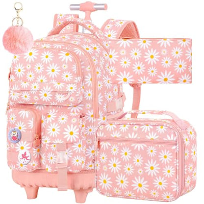 CCJPX 3Pcs Rolling Backpack for Girls, Roller Wheeled School Bookbag, Daisy Wheels Backpacks with Lunch Box for Kids (Pink) - color: Daisy Pink