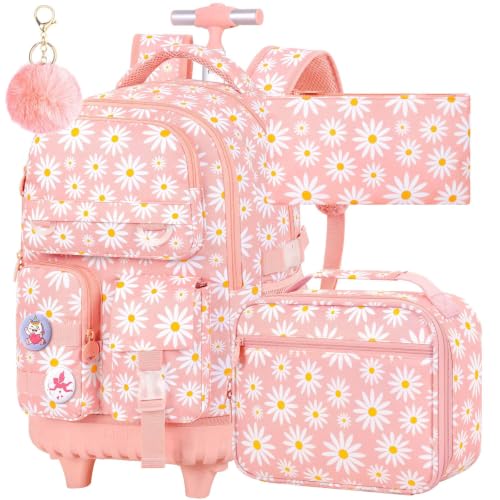 CCJPX 3Pcs Rolling Backpack for Girls, Roller Wheeled School Bookbag, Daisy Wheels Backpacks with Lunch Box for Kids (Pink) - color: Daisy Pink