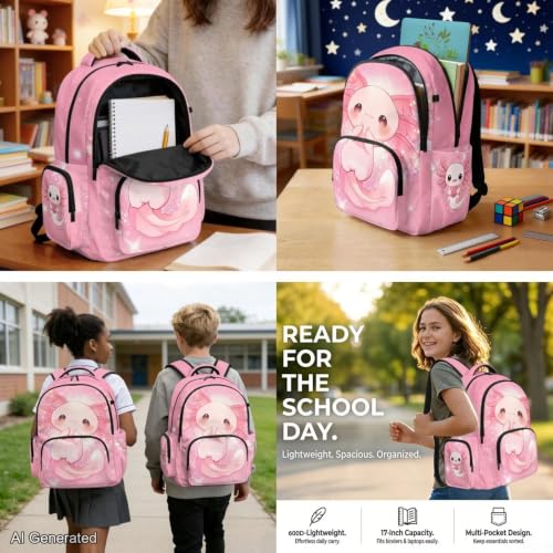 Cute Axolotl Backpack for Girls Boys Backpack with Lunch Box Water Bottle Pouch and Soft Pencil Case 4PCS Set Cute Bookbag with Side Pocket 17" Large School Bag Kids Back to School Gifts - color: Cute Axolotl