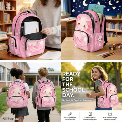 Cute Axolotl Backpack for Girls Boys Backpack with Lunch Box Water Bottle Pouch and Soft Pencil Case 4PCS Set Cute Bookbag with Side Pocket 17" Large School Bag Kids Back to School Gifts - color: Cute Axolotl
