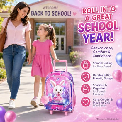 3Pcs Rolling Backpack for Girls, Kids Roller School Backpack with Wheels, Bunny Wheeled Bookbag for Elementary Preschool Kindergarten(Pink) - color: Pink Rabbit