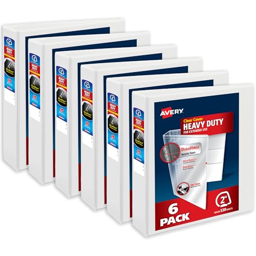 Avery Heavy-Duty View 3 Ring Binders, 2 Inch One Touch Slant Rings, DuraHinge, 2.8 Inch Wide Spine, Customizable Clear Cover and Spine, White Binders (6-Pack of 79792) - size: 2"