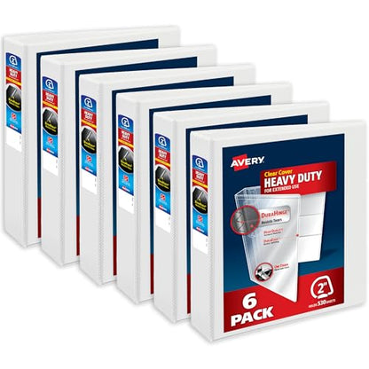 Avery Heavy-Duty View 3 Ring Binders, 2 Inch One Touch Slant Rings, DuraHinge, 2.8 Inch Wide Spine, Customizable Clear Cover and Spine, White Binders (6-Pack of 79792) - size: 2"