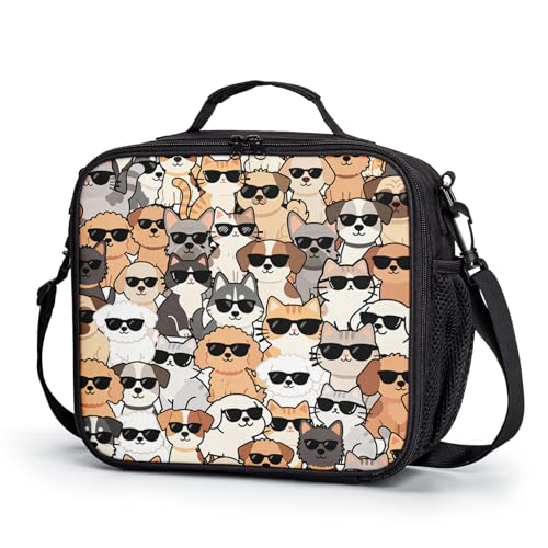Cute Cat and Dog Lunch Box for Girls Boys Kids Insulated Lunch Bag Cartoon Animals Theme Kawaii Lunchbox with Shoulder Strap Reusable Lunch Cooler Tote Bags for School Picnic - color: Cat and Dog