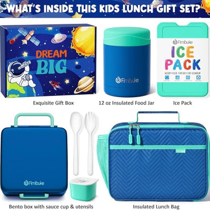 Fimibuke Kids Bento Snack Lunch Box with Thermo Insulated Toddler Lunch Bag | Lunch Box Kids with 4 Compartment, Food Jar, Ice Pack, Utensils, Birthday Gifts for Ages 3-12 Back to School Toddler Girl Boy - color: B1.Ink Blue