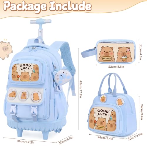 Capybara Rolling Backpack for Girls - 3PCS Girls Backpack Kids Suitcase with Lunch Box & Pencil Case Travel - Capybara Backpack with Wheels for Kindergarten Preschool Elementary (Blue) - color: Blue