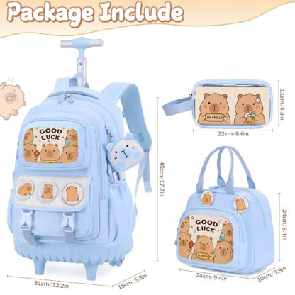 Capybara Rolling Backpack for Girls - 3PCS Girls Backpack Kids Suitcase with Lunch Box & Pencil Case Travel - Capybara Backpack with Wheels for Kindergarten Preschool Elementary (Blue) - color: Blue