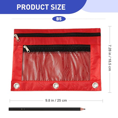 Pencil Pouch for 3 Ring Binder - 3 Hole Zipper Pen Case Bag Holder Bulk Accessories Clear Window Aesthetic Organizer Pockets (Red) - color: Red