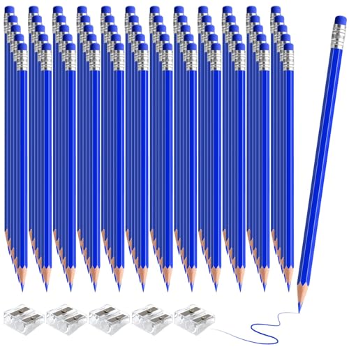 60 PCS Blue Pencils Bulk with Eraser, Pre-Sharpened HB Pencils for Writing & Drawing, School Supplies for Kids Homework, Tests, Art Crafts & Teacher Grading (Blue) - color: blue