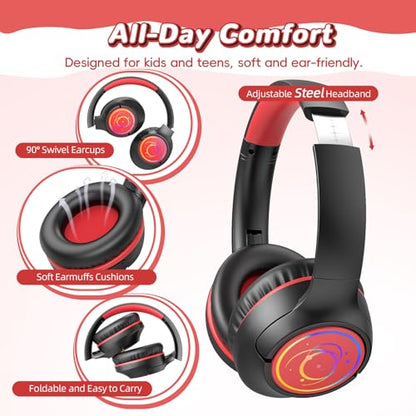 Kids Bluetooth Headphones, 85H Playtime Wireless Headphones for Kids, Colorful LED Lights, 85/94dB Safe Volume Limit, Bluetooth 5.4 Built-in Mic Toddler Headset for Tablet/Airplane/Travel (Black） - color: Black