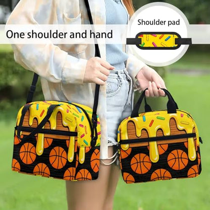Ice Cream Basketball Print 3PCS Backpack Set with Lunch Bag Pencil Case for Girls Kids, 3 in 1 Lightweight 17 Inch Bookbag Backpacks for Middle High School Students - color: Ice Cream Basketball Print