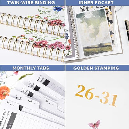 Monthly Planner 2026-2031 - 5 Year Planner/Calendar, 2026-2031 Monthly Calendar Planners Spiral Bound, Jul. 2026 - Jun. 2031, 9" x 11", Twin-Wire Binding + Tabs + Pocket - Flowers
