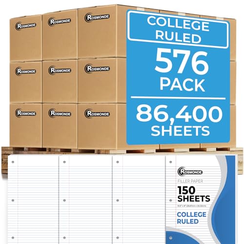 Rosmonde 576 Pack (Pallet) Loose Leaf Paper Bulk, 86400 Sheets, College Ruled, Pallet of Filler Paper, 150 Sheets/Pack, 8 x 10.5",3 Hole Punched, 56 Gsm Thick Paper, School & Office, 4-7 Days Transit - color: College Ruled, size: Express Pallet (86K Sheet
