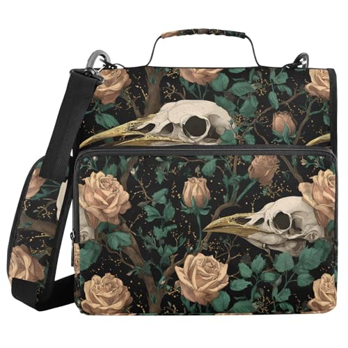 3 Ring Zipper Binder Crow Skull Retro Floral Leaves Binders Bag with Shoulder Strap 500 Sheets Paper Organizer Trapper Keeper Documents Storage File Folder for School Office - color: A852