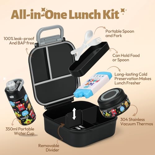 Itslife Bento Box for Kids Set, Insulated Food Container,Kids Lunch Box, 7 oz Thermos for Hot Food, 12 oz Thermos Water Bottle, Reusable Insulated Ice Bag & Fork Spoon Utensils Camping Travel Black - color: Black-MN