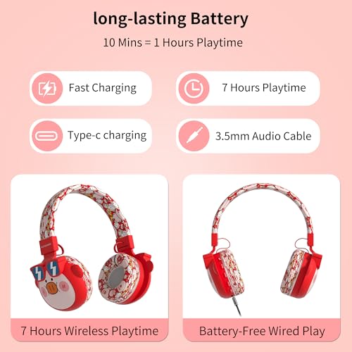 Beerus Kids Bluetooth Headphones, 85dB Volume Limiter, Bluetooth 5.4 & 20H Playtime, Ultra-Soft Foldable Over-Ear Headset with Mic, FM/TF Mode, Cute Animal Design for School Travel - color: Red Piggy