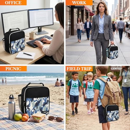opux Insulated Lunch Bag for Kids Boys Girls, Small Compact Lunch Box with Wide Opening & Mesh Pockets, Reusable Lunch Pail for School, Work, Adults, Men, Women, Camo Blue - color: Blue Camo