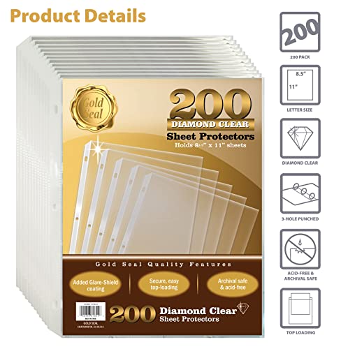 GOLD SEAL 200 Count Diamond Clear Sheet Protectors, Added Anti Glare Coating, Standard Durable Weight, 8.5 x 11, Topload, 200 Boxed Sheet Protectors - size: Letter Size