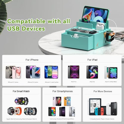 Pezin & Hulin Bamboo Charging Station with Power Charger & Cables-Teal | Nightstand Docking Station with Lined Tray & Drawer for Multi Device, Compatible with Tablet, Cell Phones, Watch & Earbuds - color: #3 Bamboo- Teal(With Charger)